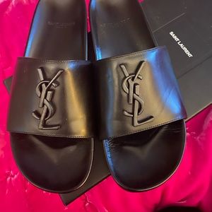 Black leather ysl slides